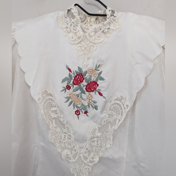 Vintage Victorian Revival Satin Embroidery Bib Collar Top Cottagecore - Picture 4 of 12